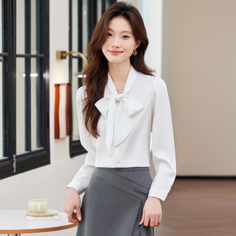 Women's Chiffon Bow Tie Blouse - Long Sleeve Satin Shirt for Spring/Autumn