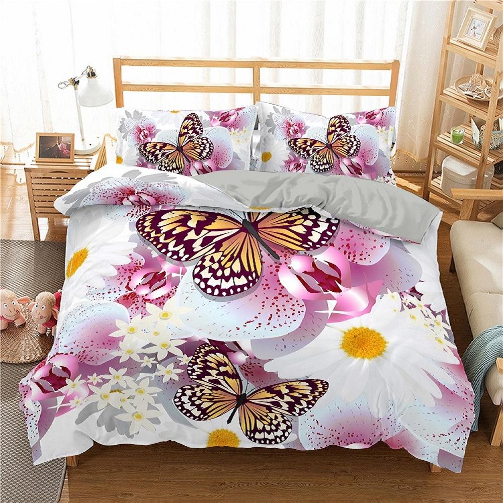 Schmetterling Bettbezug Set 3D Druck Lila Insekt Verträumt Leicht King Queen Bettdeckenbezug für Kind Junge Mädchen Polyester Bettwäscheset