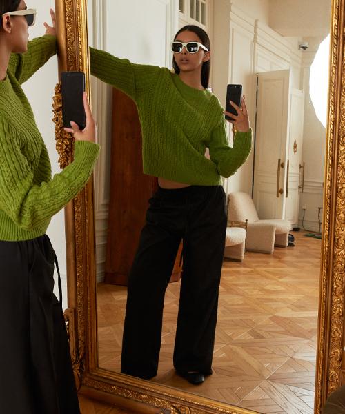 Lady Volume Twist Cable Punching Round Knit_Green Green/F