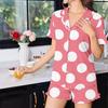 Damen Kurzarm Schlafanzug Set Polka Dot Knopfleiste Zweiteilig Rüschenbesatz Hauskleidung Nachtwäsche Oberteil und Shorts Set