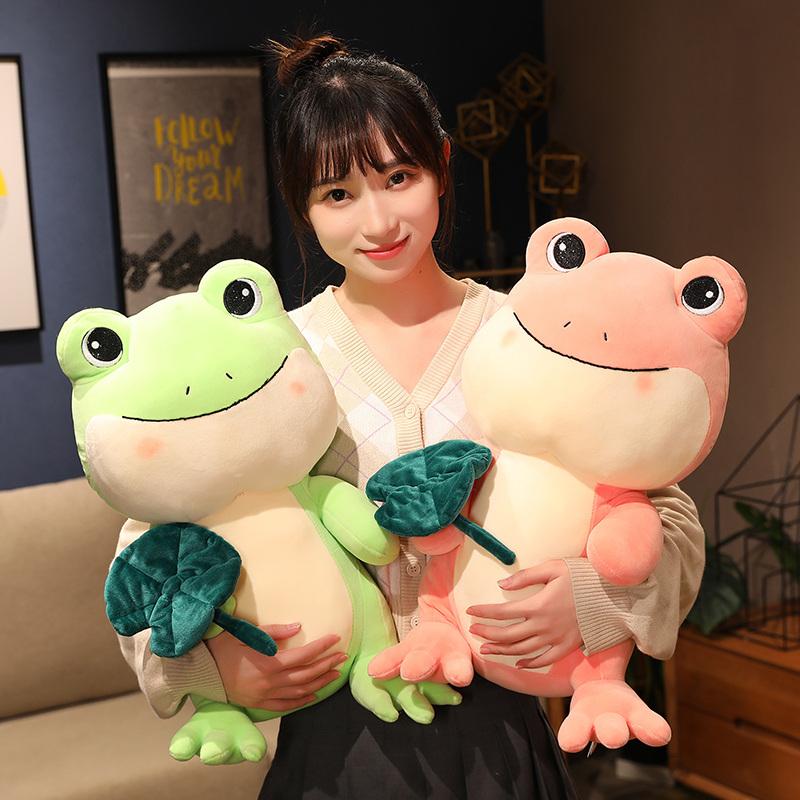 25-45cm Green Pink Frog with Lotus Leaf Plush Toys Cartoon Animal Doll Stuffed Soft Pillow for Children