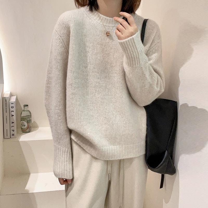 Soft Waxy Fashion All-match Round Neck Long-sleeved Autumn and Winter Sweater Jacket Women's Loose Knitted Bottoming Shirt with Top