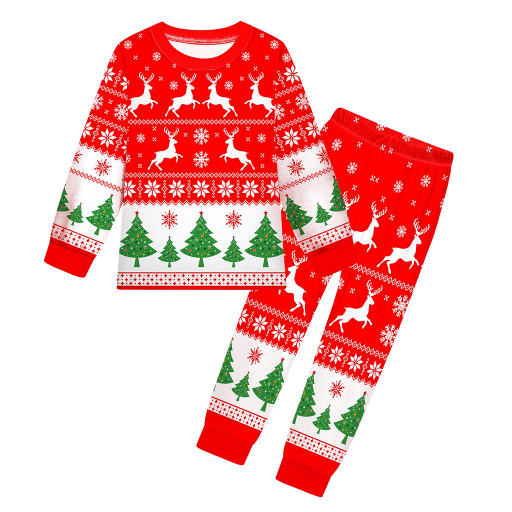 Kids Boys Girls Cartoon Santa Claus Christmas Tree Elk Print Long Sleeves T-Shirt Top Pants Trousers Clothes Set