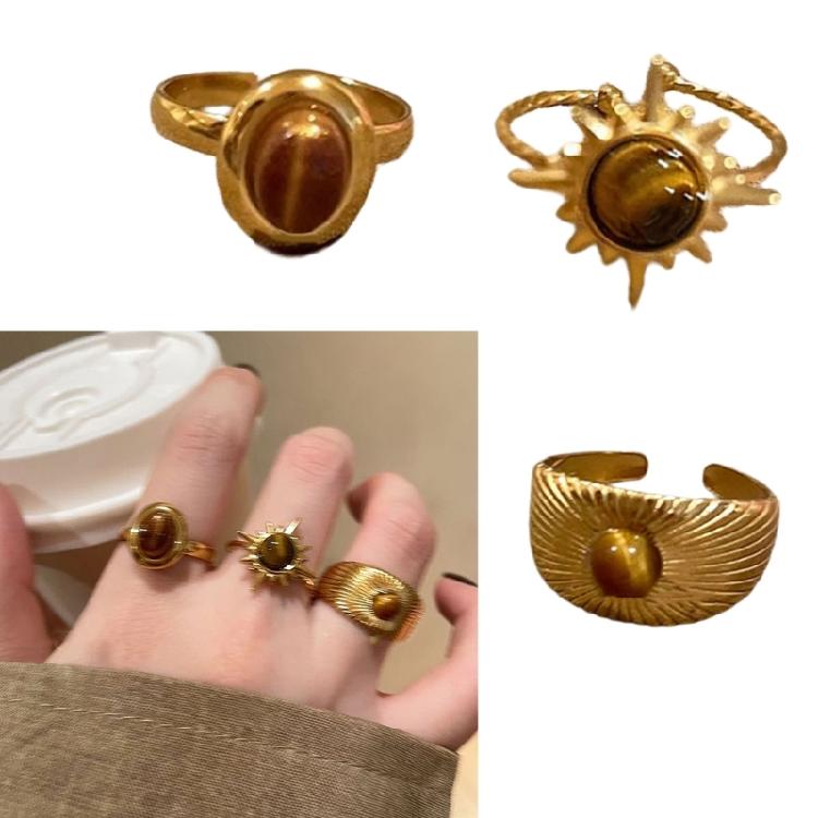 Geometric Tigers Eye Stone Ring Adjustable Size Irregular Gold Color Finger Ring Unique Gemstones Statement Jewelry