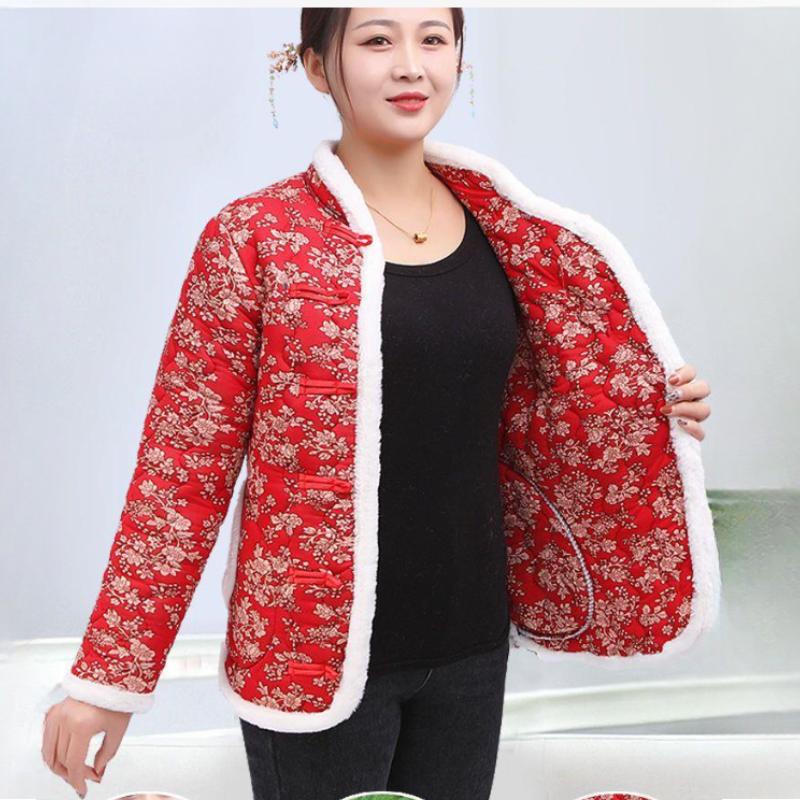 Women's Clothing Fleece-Lined and Thickened   Northeast Large Flower Padded Jacket Cotton Coat  Web Red Jacket