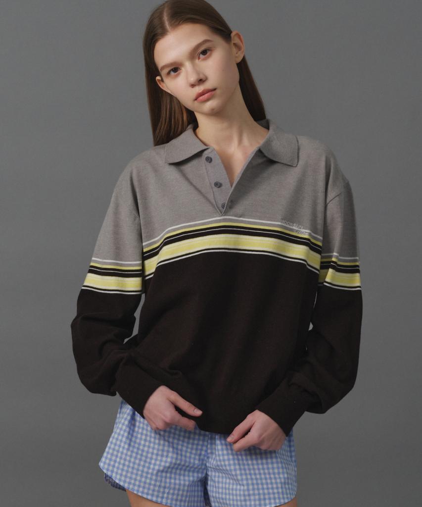 MOONSUN M.C Unisex, Point Stripe Collar Knit / Gray Yellow