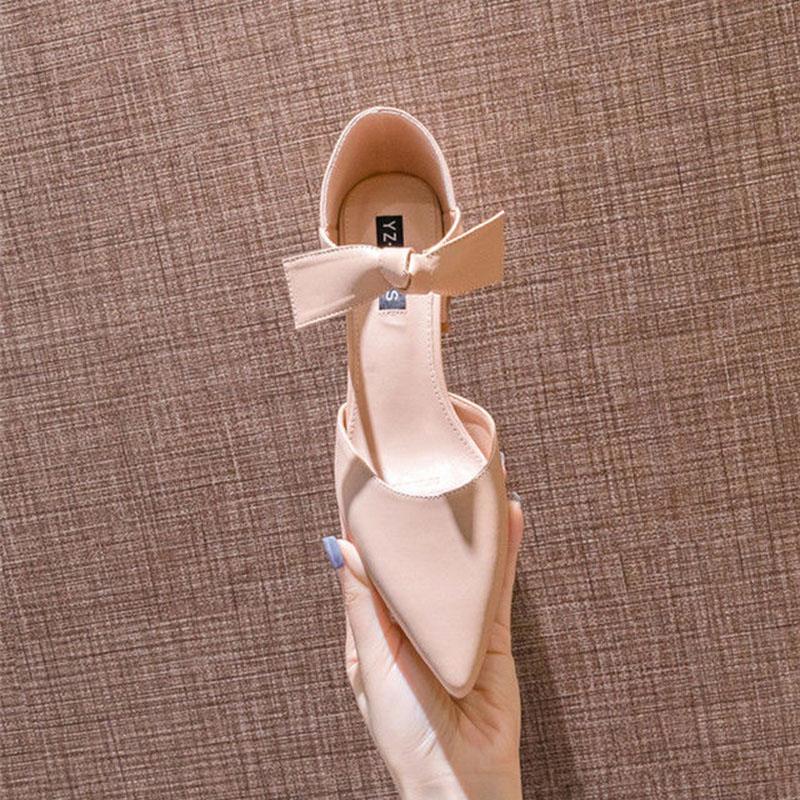 Prancūziško stiliaus aukštakulniai, fėjų bateliai, švelnūs vienviečiai bateliai, moteriški pavasario modeliai, su banteliu, smailianosiai, storu kulnu