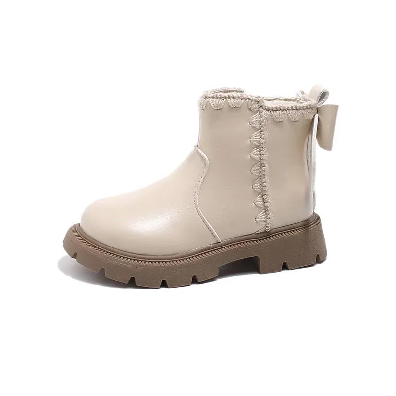 2024 Children Short Boots for Girls Winter New Fashion Korean Style Soft Sole Anti-slippery Versatile Sweeet Bowtie Leather Shoe