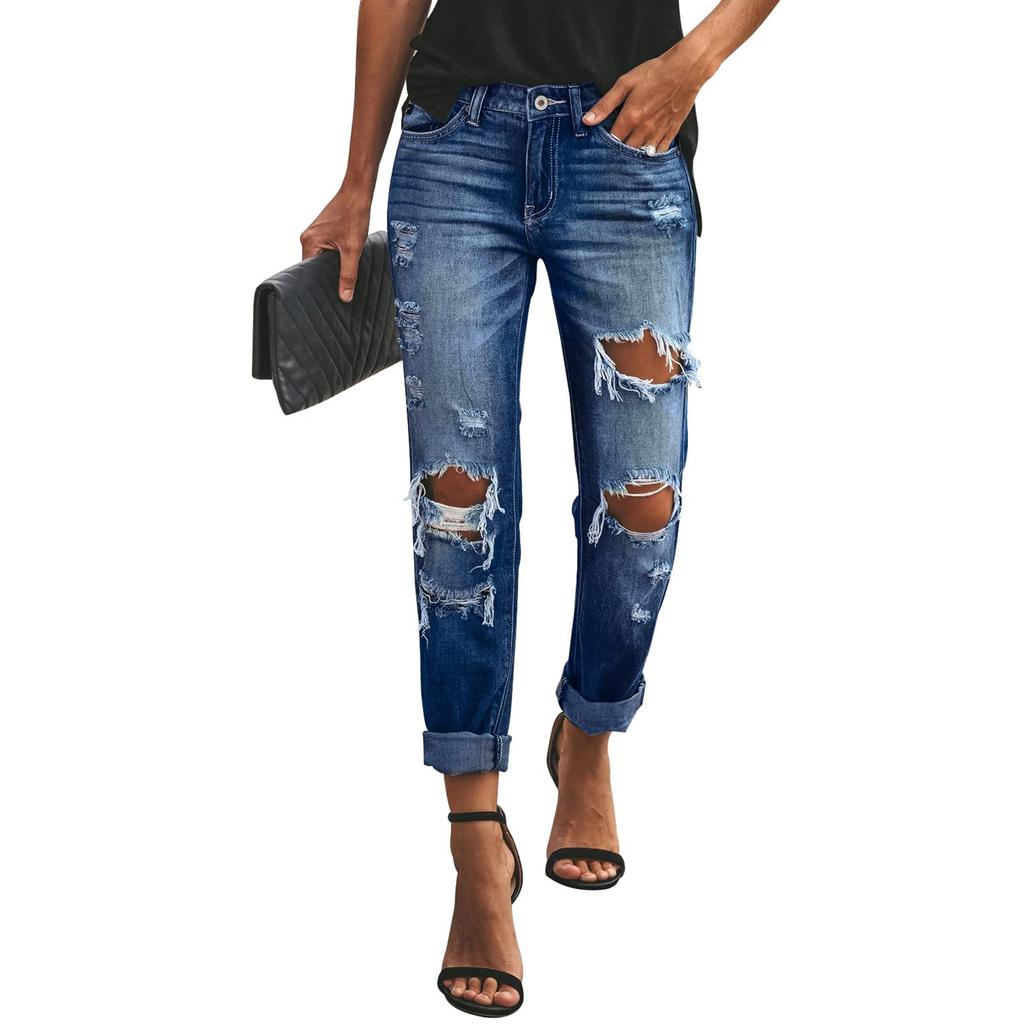 Ladies' Solid Color Loose Casual Ripped Casual Jeans