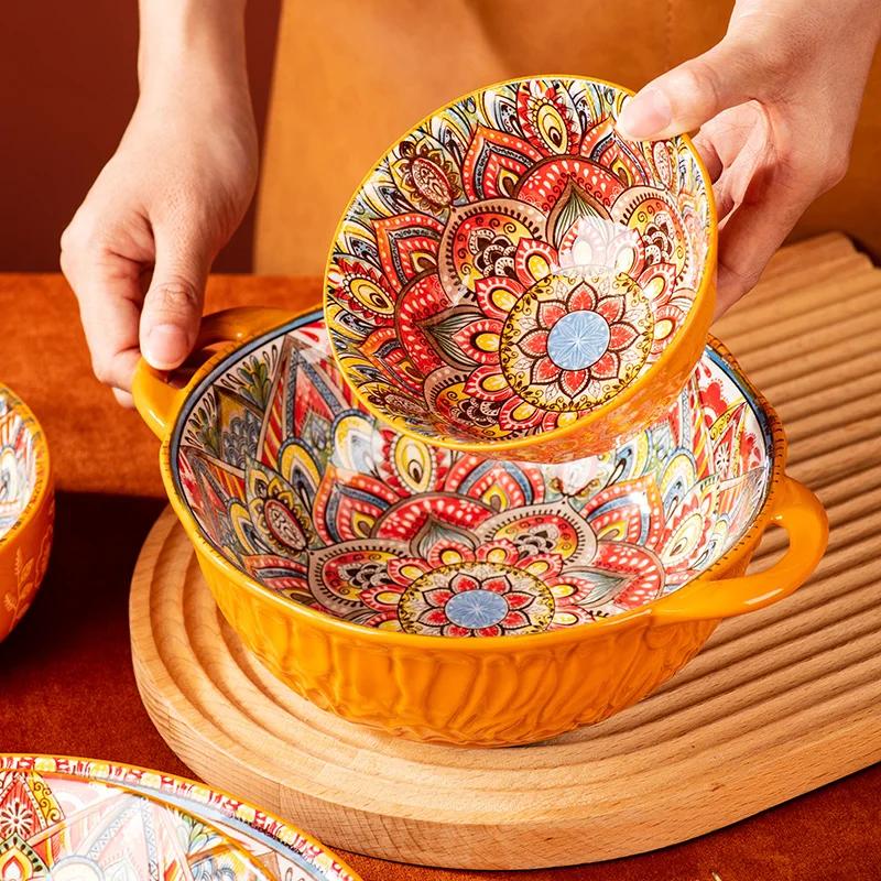 Household Ceramic Plates, Double Ear Noodle Bowls, Desserts, Salad Bowls, Pasta, Dishes, Single Handle Bowls, Bohemian Style