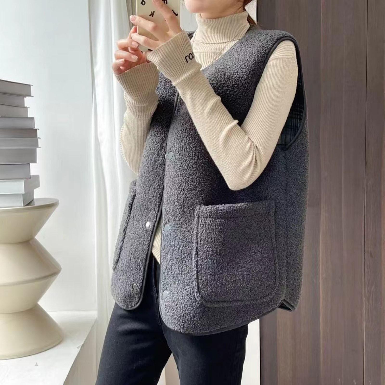 

Женский и зимний жилет из искусственной овечьей шерсти в клетку, жилет с круглым вырезом, двусторонний жилет из зернистого флиса XXL