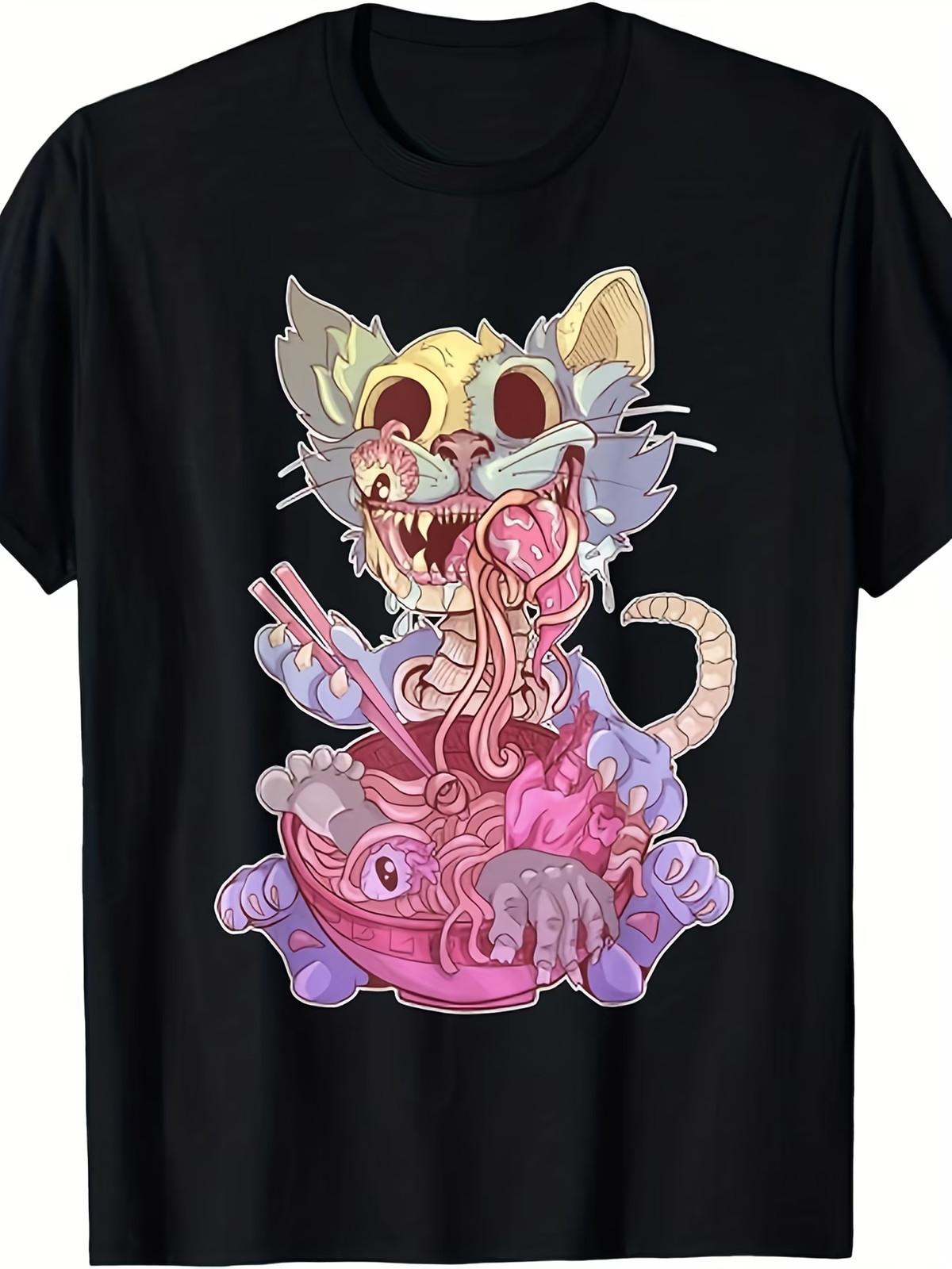 Men S Pastel Goth Kawaii Cat Eating Ramen T-Shirt - Japanese Anime-Inspired Grap L