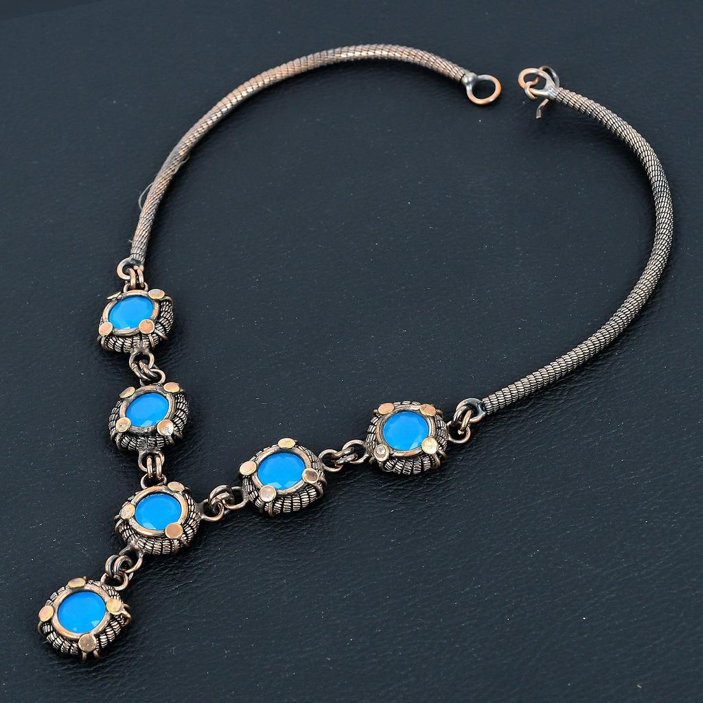 Blue Chalcedony Necklace Handmade Jewelry, 999 Copper Wire Wrapped Necklace Designer Gemstone Jewelry Adjustable Chain Necklace Gift For Mom