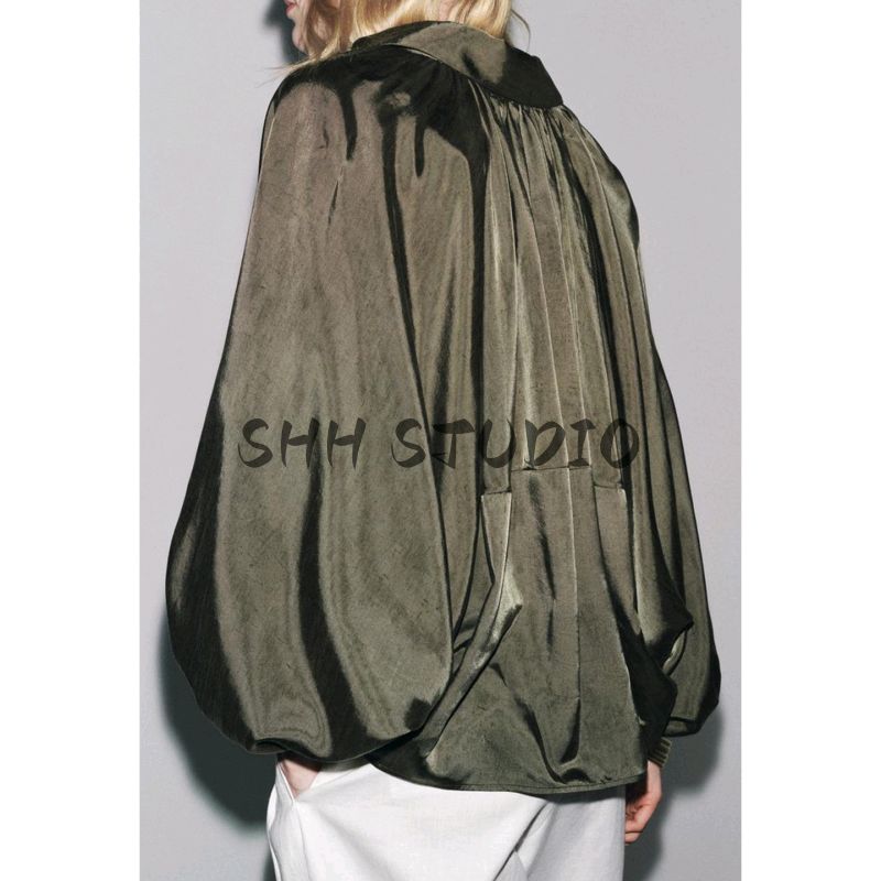 Summer Women's Clothing Casual Style Lapel Long Sleeves Ruched Hem Puffy Pilot Jacket Outwear 2814404