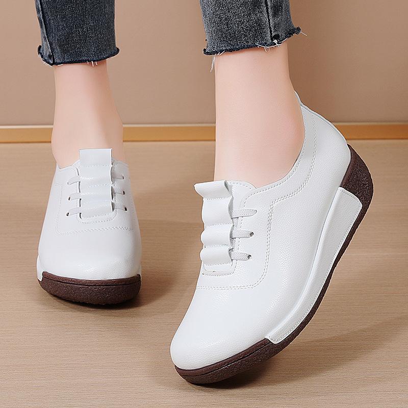 2024 New Spring Casual Women Shoes Platform Loafers Lace Up Leather Flats Slip-On Mom Shoes Thick-soled Womens Vulcanized Shoes
