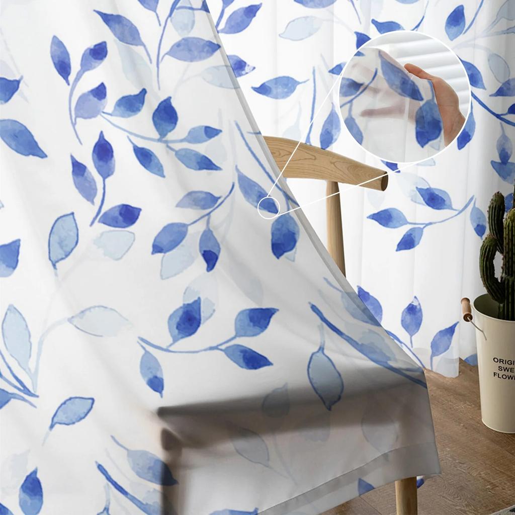 Blaue abstrakte Pflanzenblattstruktur Schlafzimmer transparente Vorhänge Urlaubsdekoration Fenster Voile Tüllvorhang