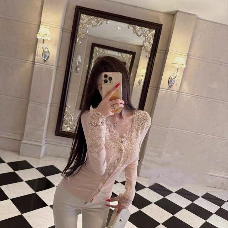 Autumn/Winter Elegant Patchwork Lace Long-Sleeve Slimming Top