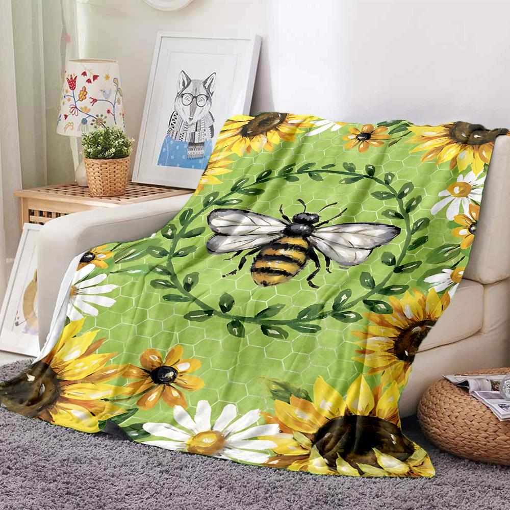 1pc Bee Sunflower Blanket, Lightweight Flannel Throw Blanket for Sofa, Bed, Travel, Camping, Living Room, Office, Couch, Chair, a0922074