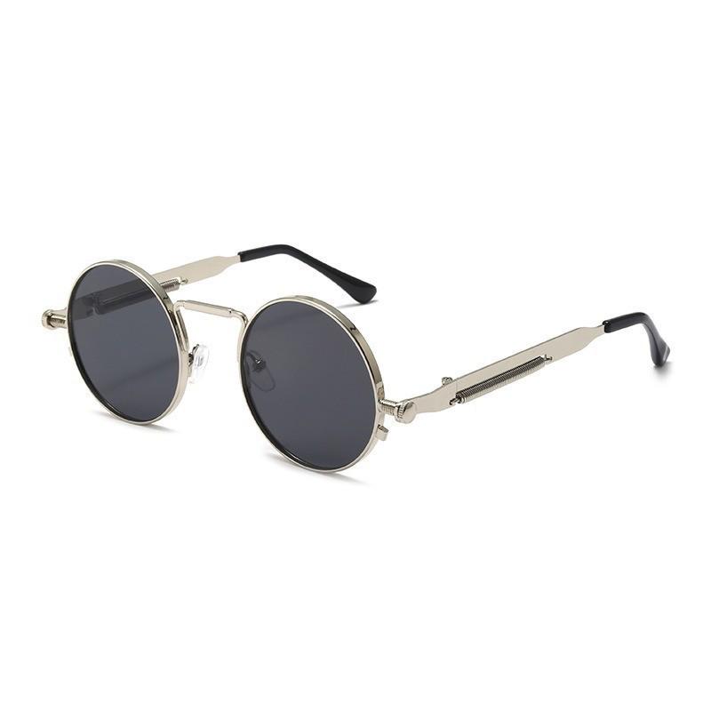 Steampunk Retro Round Sunglasses with Spring Temple for Men and Women