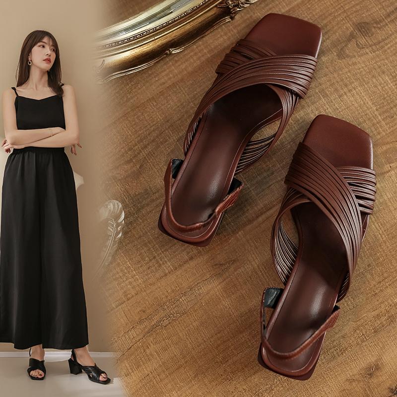 Letní dámské boty Pravá kůže Sandály na vysokém podpatku pro ženy Ležérní Jednobarevné Retro Gladiátorky Dámské podpatky