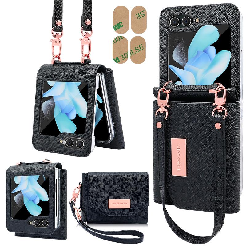 Vietao-Z Flip 7 Wallet Phone Case With Wristband Strap, Fashion Girls Leather Purse Phone Cover For Samsung Z Flip 6 5 4 3, Pink