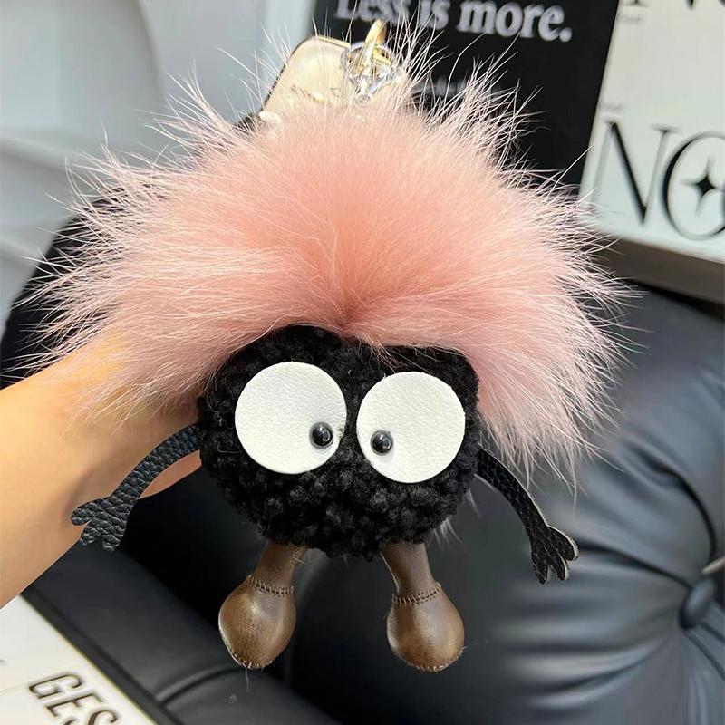 15cm Cute Cartoon Wool Small Coal Ball Car Keychain Real Raccoon Fur Pendant Elf Plush Ball Bag Pendant Hobby Collection Gift