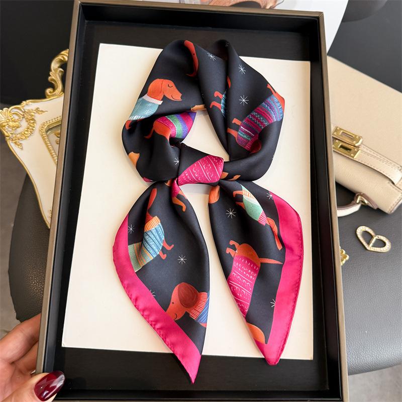 Cute Dog Print Square Silk Scarf for Women Hijab Hair Bands Neckerchief Female Satin Shawl Ribbon Headband Fashion Wraps Bandana