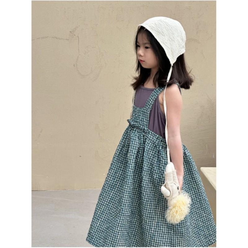 Mädchen Frühling und Sommer Design Kariert Lockerer Rücken Kleider Mittelgroße und Kleine Kinder Bequem Lässig Neckholder Langer Rock