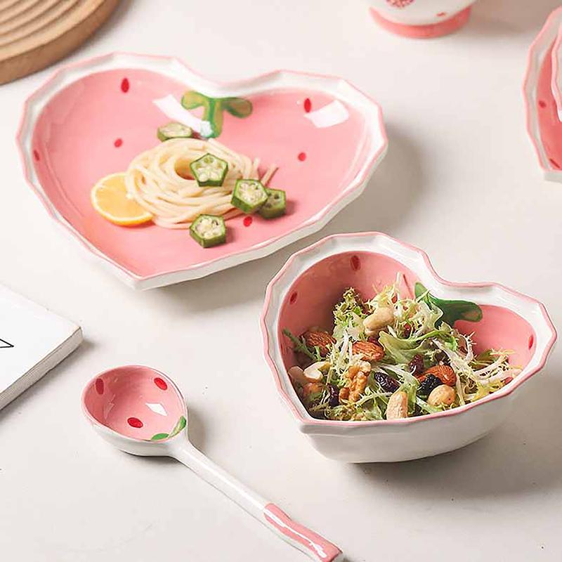 Strawberry Bowl Spoon Plate Set Beautiful Girl Heart Bowl Salad Bowl Dessert Household Tableware