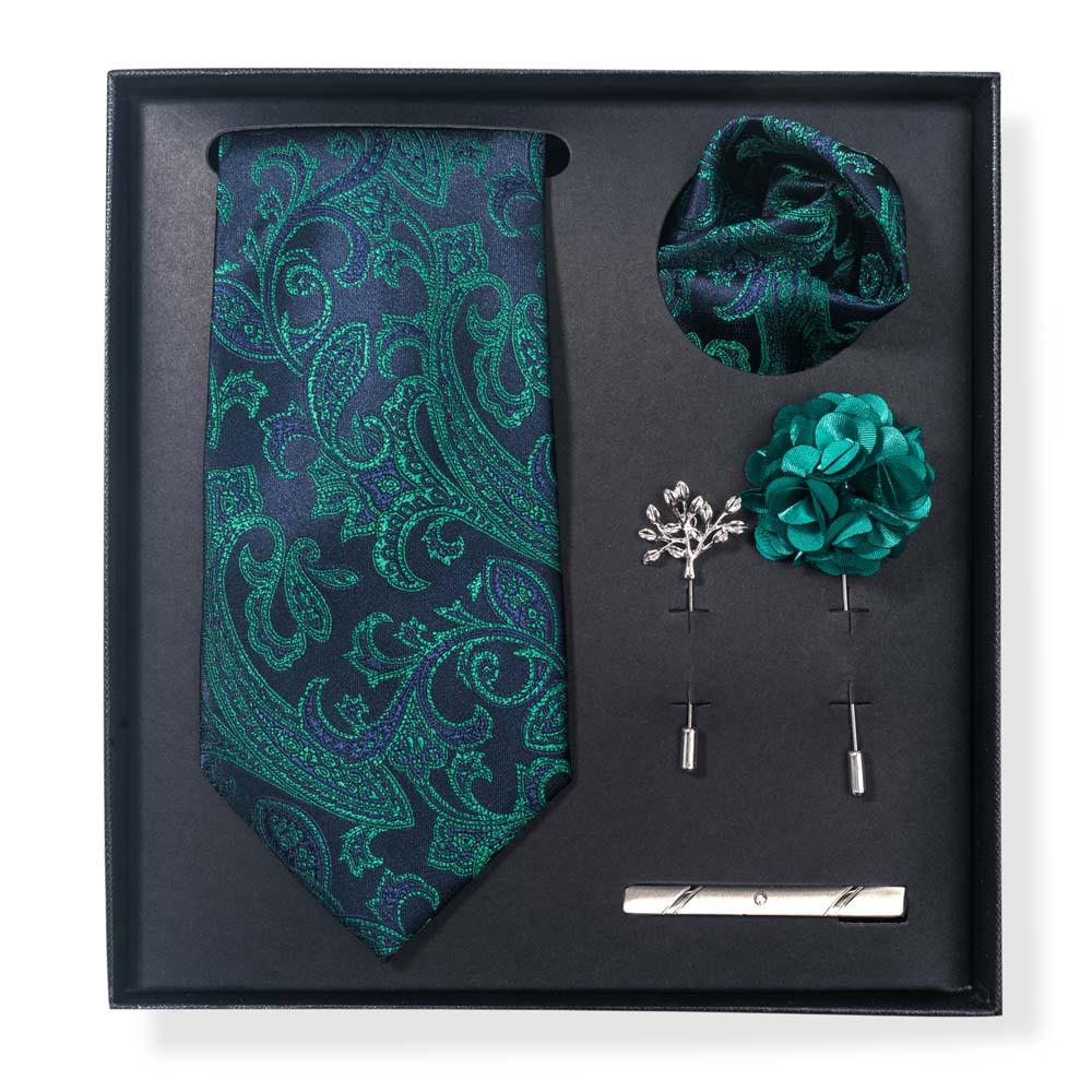 Paisley-Blumen-Krawatten-Geschenkset: Enthält Krawatte, Einstecktuch, Manschettenknöpfe, Ansteckblume und Krawattennadel in einer sechsteiligen Schachtel