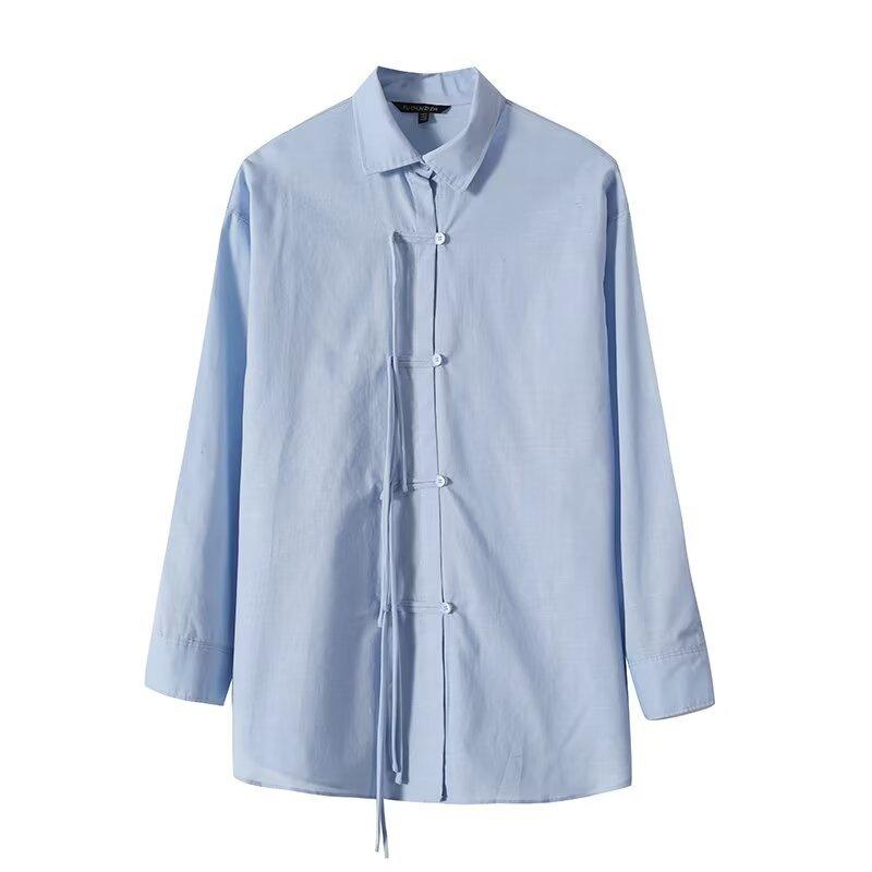 European and American style, new women s clothing, foreign style fashion design sense, new Chinese linen casual shirt S синий