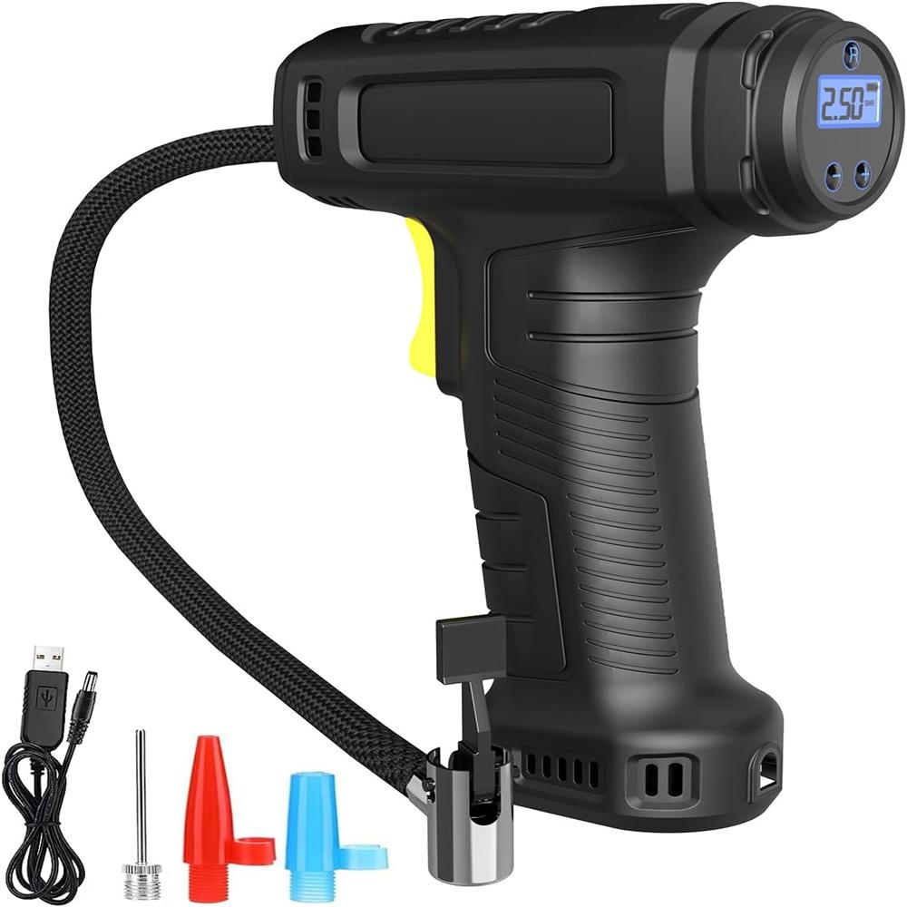 

Портативный насос для накачивания шин, воздушный компрессор 12 В 120 Вт, USB, беспроводной, электрический, цифровой насос для шин со светодиодной подсветкой для автомобилей, мотоциклов, велосипедов 21 x 18 x 5 cm чёрный