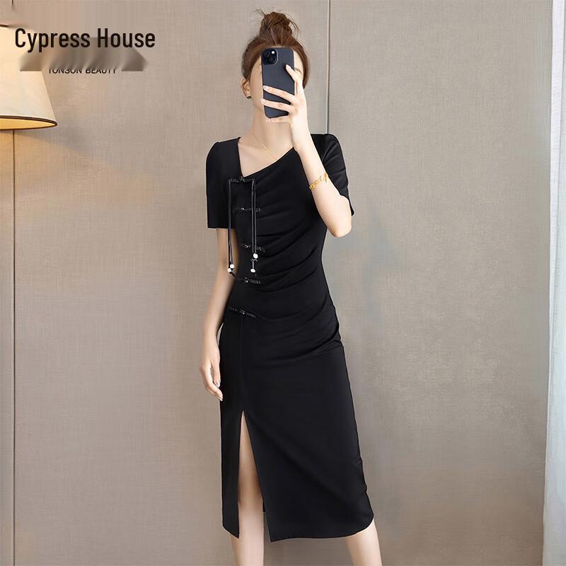 Elegant New Chinese Style Short-Sleeve Midi Dress M