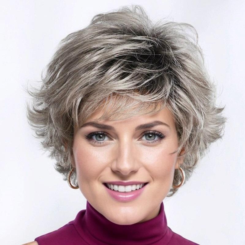 

Women’s Synthetic Short Curly Wig Voluminous Flipped Style Gradient Gray Wig with Side Bangs сірий