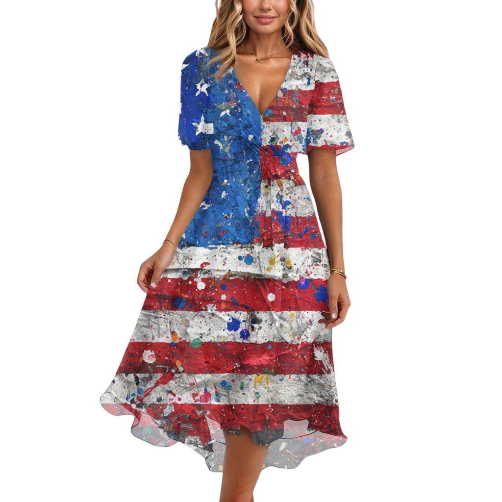 Women's Fashionable Casual V-neck Short-sleeved Independence Day Printed Dress