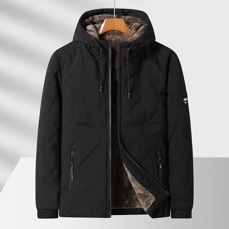 

Autumn and winter new cotton-padded men s hooded velvet rhombus plaid warm and cold cotton-padded jacket 5XL