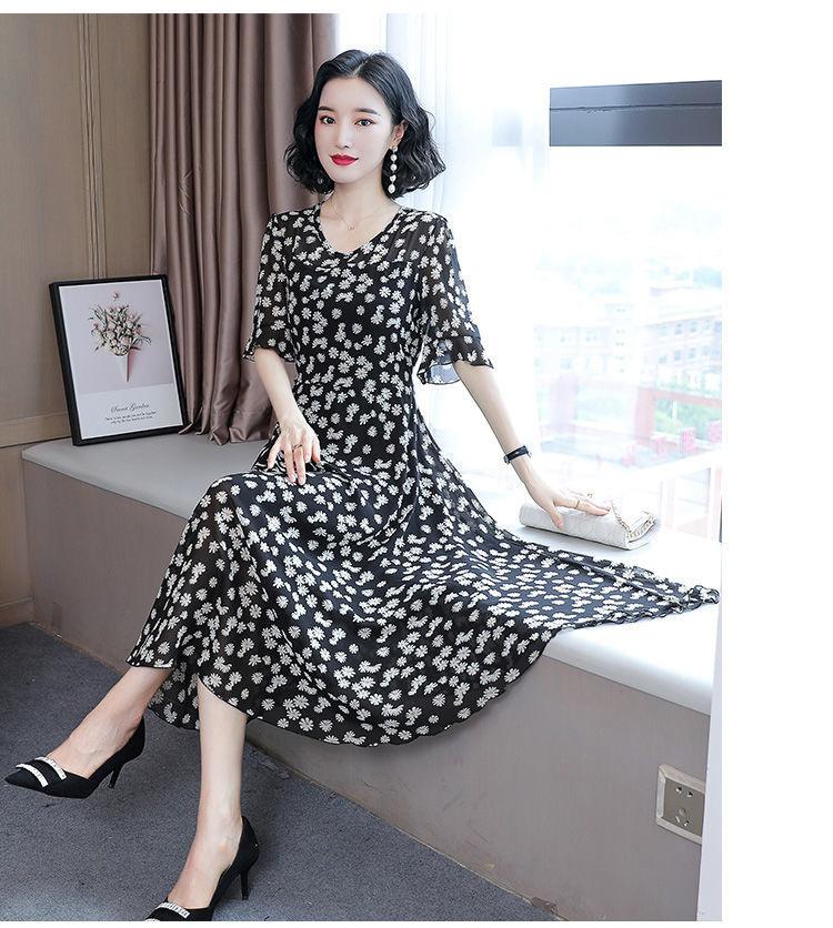 Summer dress women's summer new temperament large size long over knee waist thin floral dress fashion women's clothing