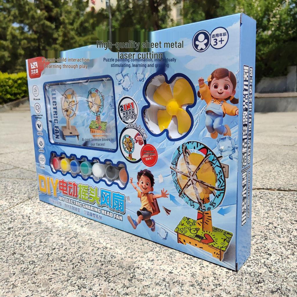 Handmade DIY Electric Shaking Head Fan: Children's Educational 3D Wooden Coloring Toy and Model Kit Set.