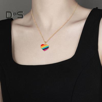 Women Necklace Smooth Heart Striped Rainbow Pendant Adjustable Length Stainless Alloy Choker Necklace Neck Decoration Jewelry Birthday Gift