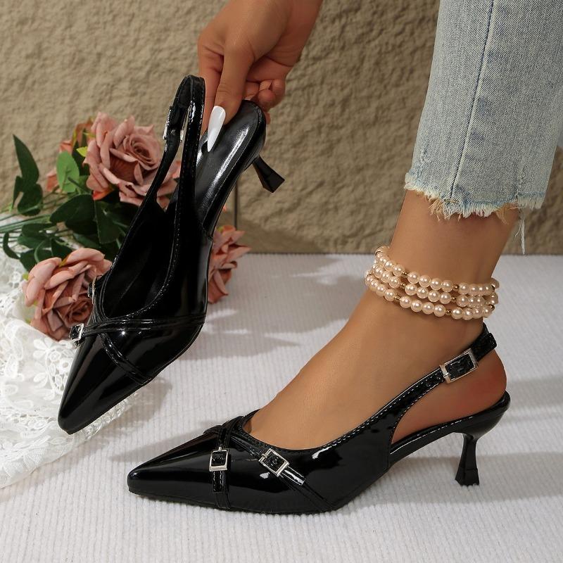 

Модные Новые Летние Женские Туфли Лакированная Кожа Слипоны Остроносые Сандалии Пряжка Слингбэки Средний Каблук Лодочки Sandalias Mujer 34