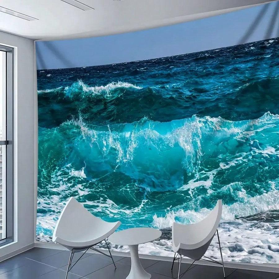 Realistic Ocean Wave Tapestry 3D Blue Sea Landscape Print Wall Hanging For Living Room Bedroom Home Decor Multiple Sizes