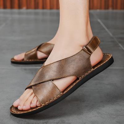 Nya herr sommar läder plusstorlek platt sandal halkfri öppen tå krok ihålig andningsbar hög kvalitet strand sandal