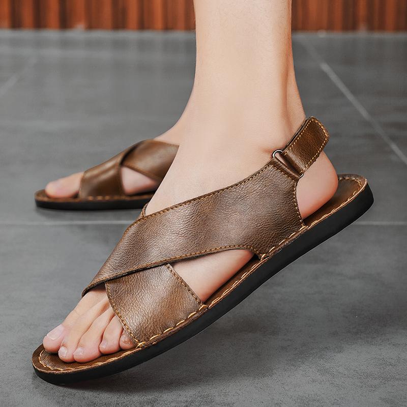 Fashion Vintage Style Summer Men's Sandals Genuine Leather Male Casual Shoes Outdoor Men Open-toe Beach Shoes Leisure Walk Roman Flats