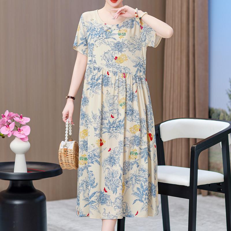 Elegant Dresses for Women Plus Size Loose Casual Vintage Print Long Dress With Sleeves Summer Middle-aged Women's Clothing