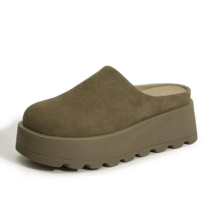 Fashion 5CM Cow Suede Genuine Leather Fashion Sandals Slippers Pumps Platform Wedge Flats Women Summer Round Toe Ladies Shoes