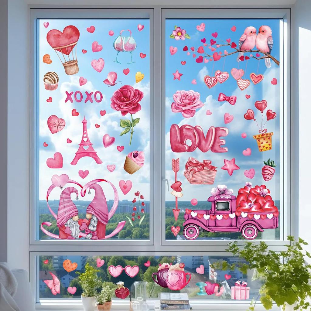 168pcs Valentines Day Window Clings Red Heart Shaped Static Wall Decals Window Stickers Double Sided Visibility Romantic Valentines Day Decorations