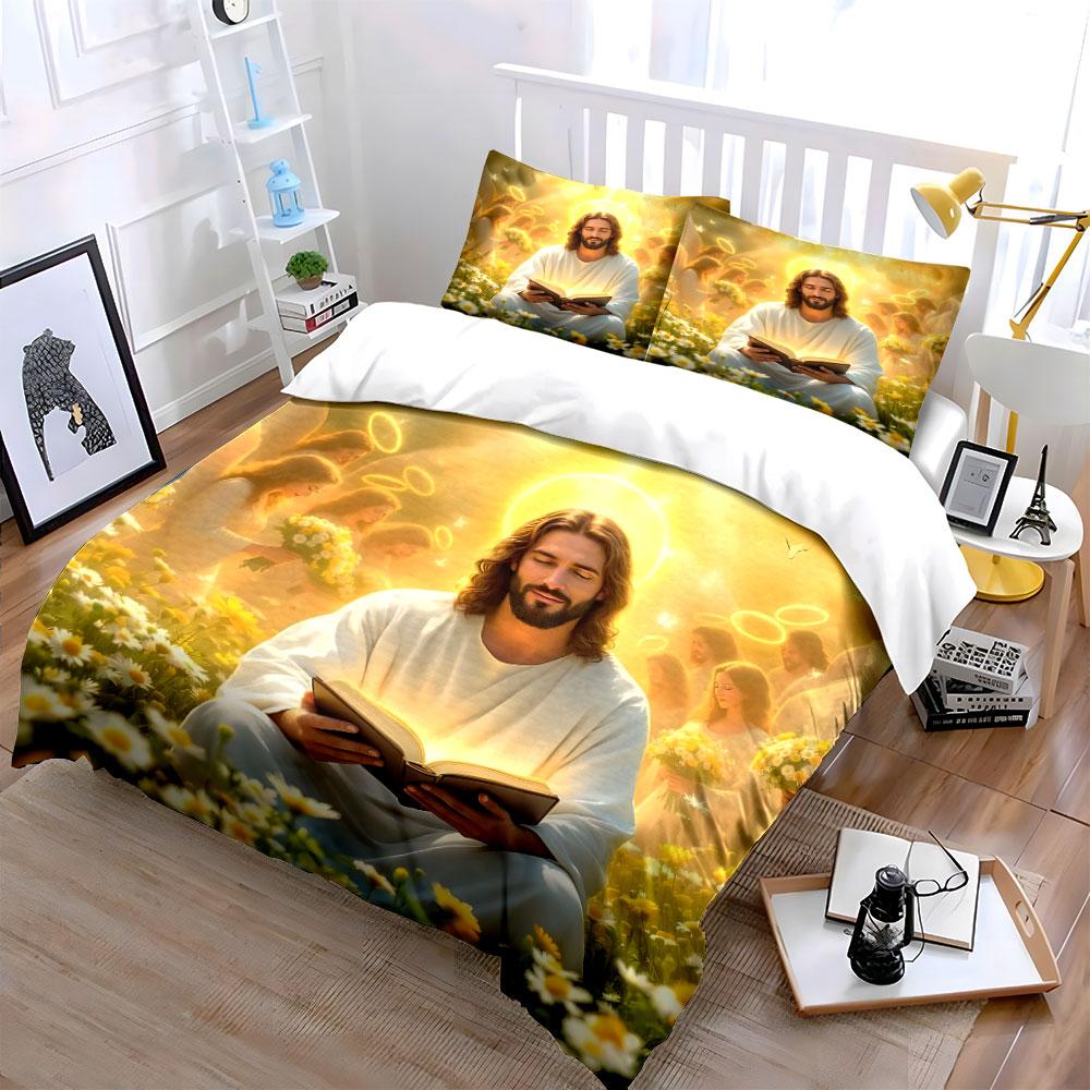 Saints Reading Amidst Angels Print Bedding Set 1 Duvet Cover 2 Pillowcases for Adult and Children Luxury Gift Full Size