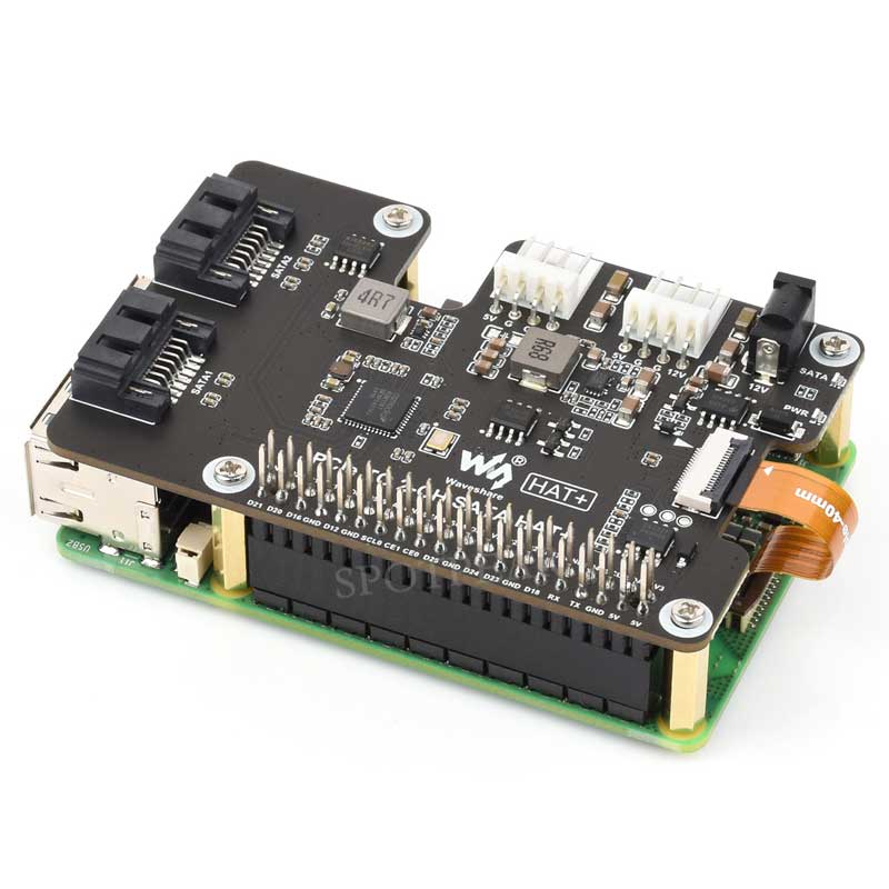 Raspberry Pi 5 PCIe to SATA Expansion Board with EEPROM HAT+ Waveshare PCIe TO 2-CH SATA HAT+