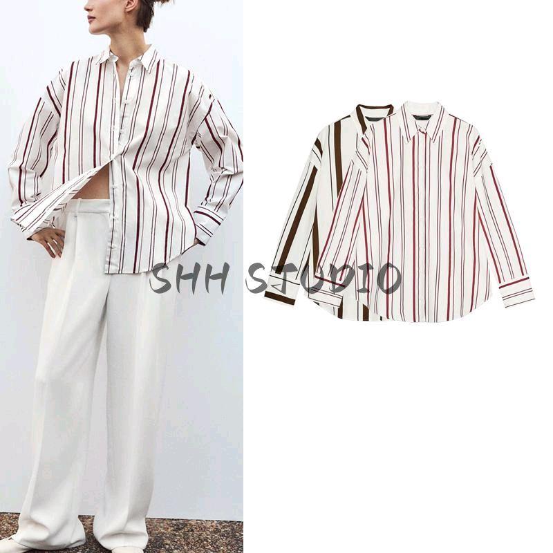 Spring New Women's Clothing Lapel Long Sleeves Loose Poplin Stripes Shirt 2262115 2262116