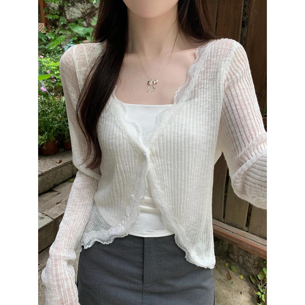 

Кружевной топ с длинными рукавами и одной пуговицей, женский кардиган свитер из рубчатого трикотажа с открытой передней частью, летний наряд в стиле фейрикор One Size абрикосовый